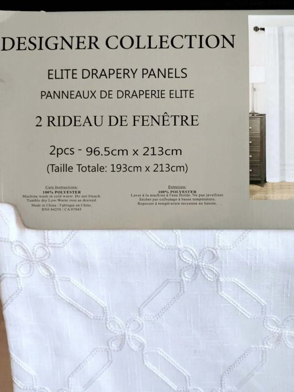 Designer Collection 2 Pk Elite Curtain Panels White Embroidered 38x84 Ea Sheer